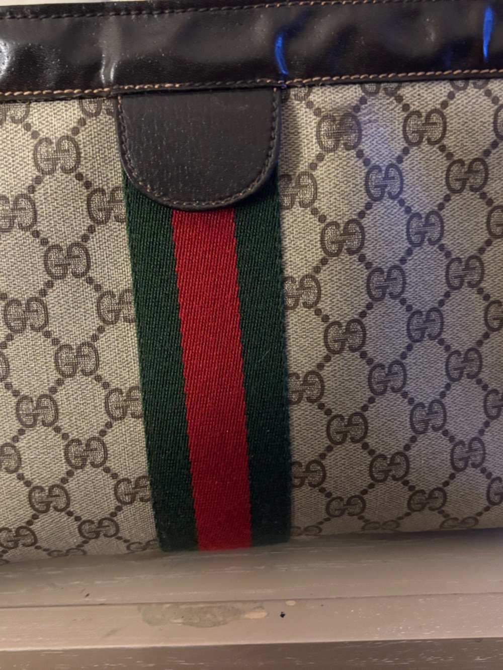 Gucci Brown GG Monogram Clutch with Green and Red Web Stripe